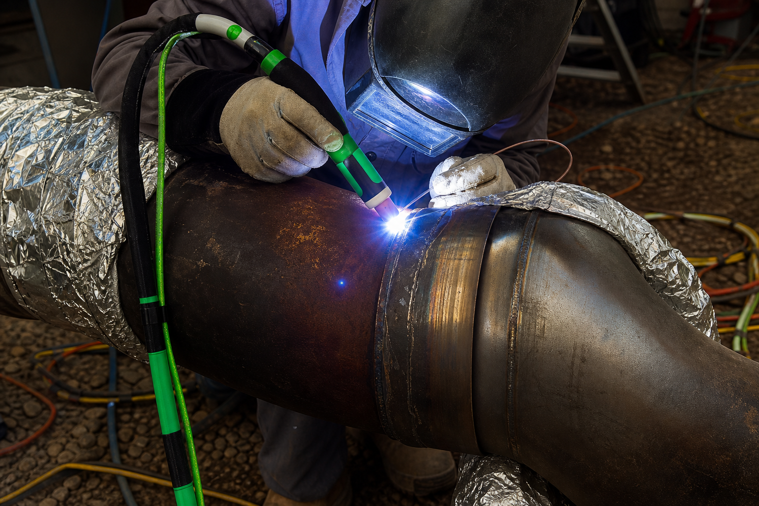 Custom green and black TIG torch welding industrial pipework
